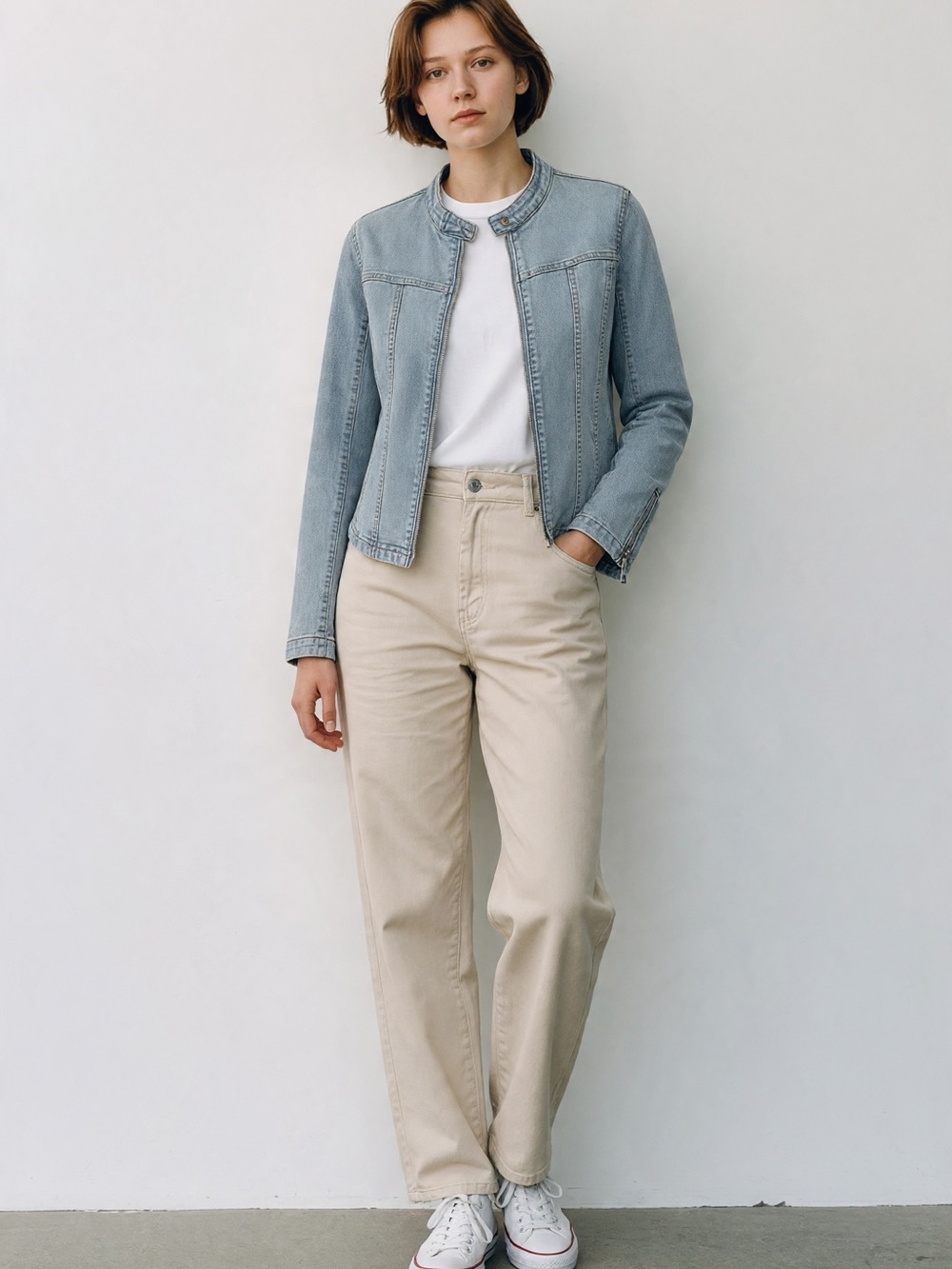 Light Blue Denim Jacket with Minimal Collar